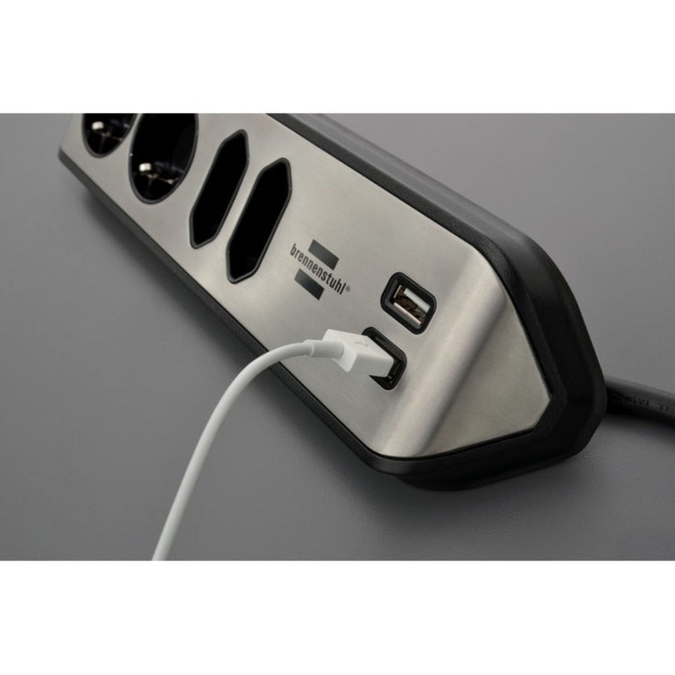Load image into Gallery viewer, Brennenstuhl estilo hoekstekkerdoos 4-voudig stekkerdoos (zwart roestvrij staal, 2x usb)
