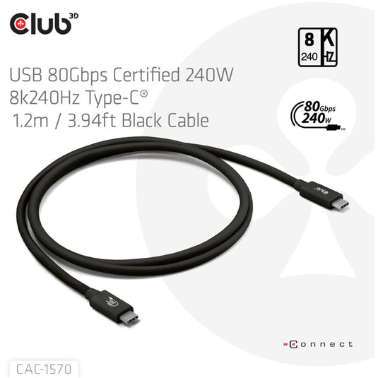 Club 3d usb-c 80gbps certified 240w 8k 240hz kabel (zwart, 1.2m)
