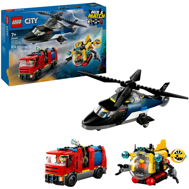 Load image into Gallery viewer, Lego city - helikopter, brandweerauto en onderzeeër remix constructiespeelgoed (60462 | set van 3 modulaire voertuigen)
