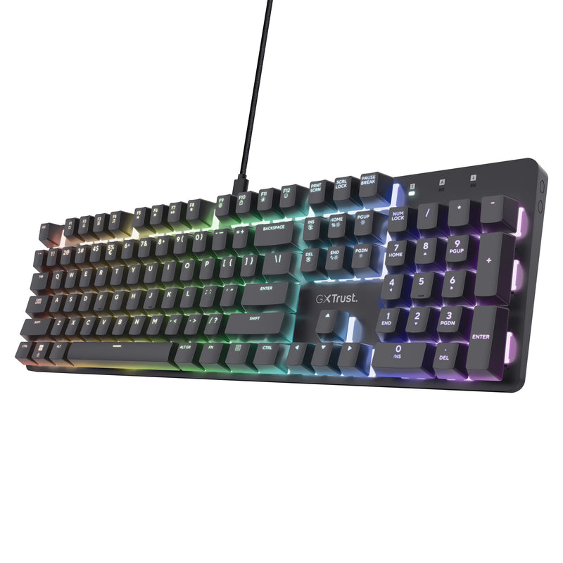 Load image into Gallery viewer, Trust gxt 871 zora mechanisch gaming toetsenbord (zwart, us lay-out (qwerty), huano red, 100%, rgb)
