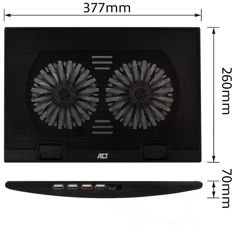 Load image into Gallery viewer, Act connectivity laptopstandaard, met ventilator, hoogte verstelbaar in 2 standen (zwart, 4-poorts usb 2.0 hub)
