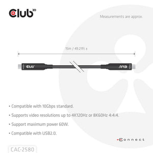 Club 3d full-feature usb-c kabel, 15m (zwart, 8k60hz 10gbps 60w)
