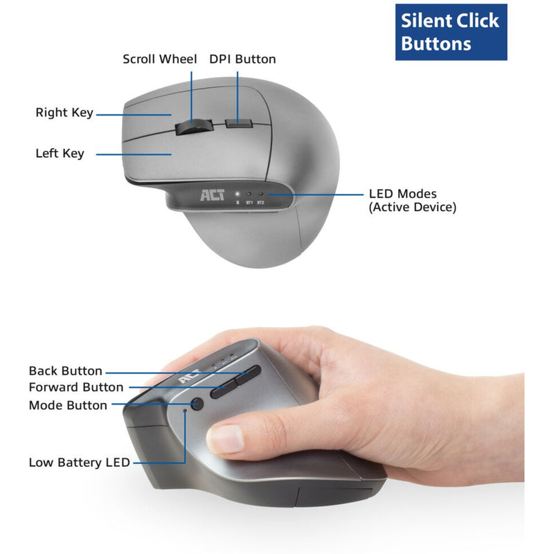 Load image into Gallery viewer, Act connectivity draadloze ergonomische muis met bluetooth en usb-c usb-a (zilver zwart, 1000 - 2400 dpi)
