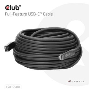 Club 3d full-feature usb-c kabel, 15m (zwart, 8k60hz 10gbps 60w)