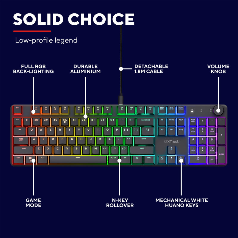 Load image into Gallery viewer, Trust gxt 866 torix mechanisch gaming toetsenbord (zwart, us lay-out (qwerty), huano red, 100%, rgb)
