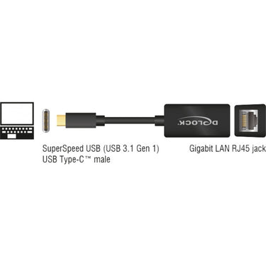 Delock superspeed usb-c (usb 3.1 gen 1) male > gigabit lan 10 100 1000 mbps compact adapter (zwart, 0,135 meter)