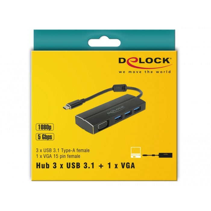 Load image into Gallery viewer, Delock usb-c 3.1 > 3x usb-a 3.0 + 1x vga usb-hub (zwart, 0,15 meter)
