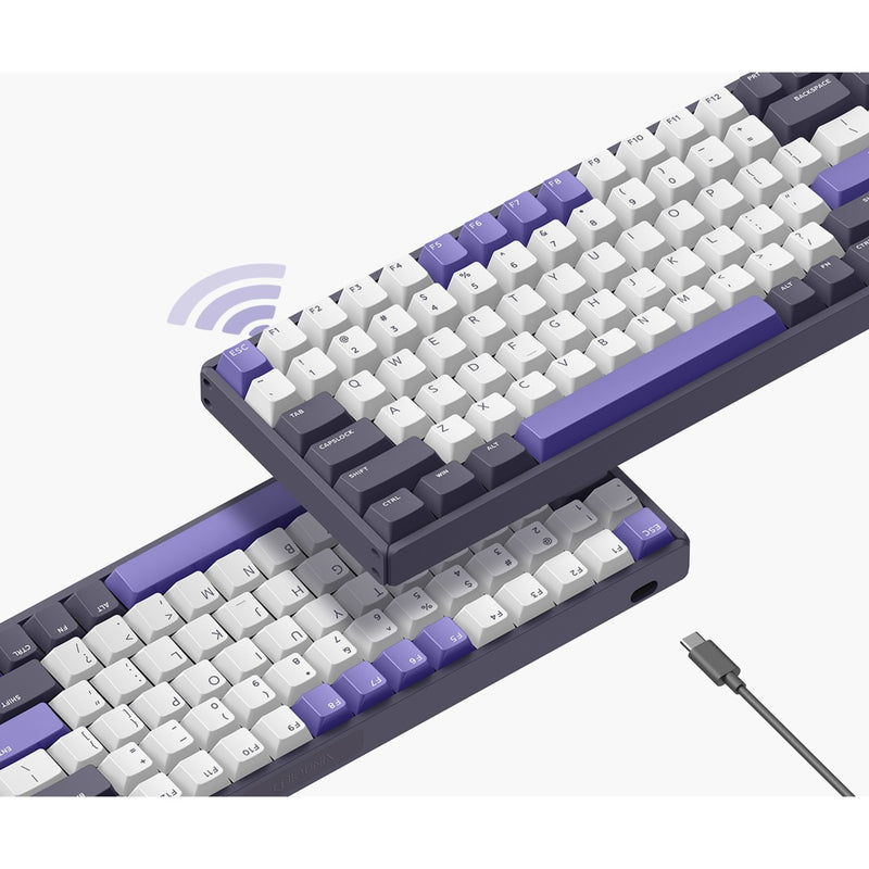 Load image into Gallery viewer, Iqunix f97 lavandin wireless mechanical keyboard, gaming toetsenbord (lavendel, us lay-out, cherry mx brown, rgb leds, 96%, hot-swappable, pbt, 2.4ghz | bluetooth 5.1 | usb-c)
