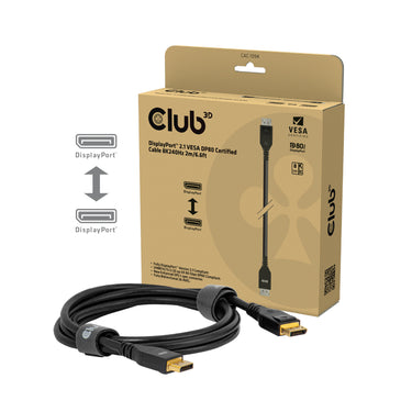 Club 3d displayport 2.1 vesa dp80 gecertificeerde kabel male-male (zwart, 2 meter, 8k 240hz, 10k 60hz, 80gbps)