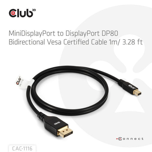 Club 3d minidisplayport naar displayport dp80 bidirectioneel adapter (zwart, 1 meter, vesa-gecertificeerd)
