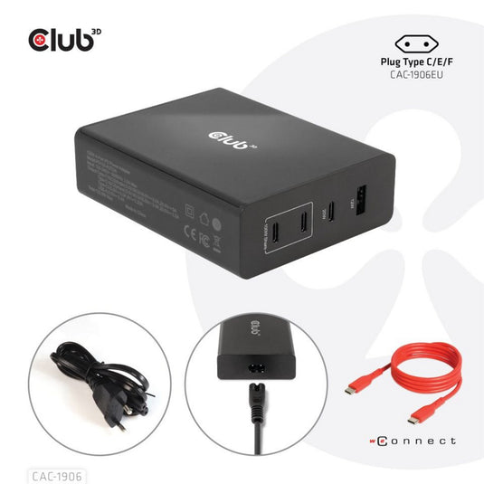 Club 3d travel charger 132w gan technology, four port usb type-a and -c (zwart, power delivery(pd) 3.0)