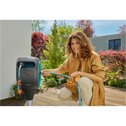 Gardena patio slangbox rollup slanghaspel (grijs turquoise, 20 meter, incl. reinigingsspuit)