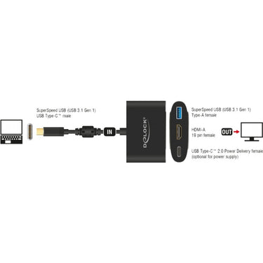 Delock usb-c male > hdmi female + usb-a + usb-c pd adapter (zwart, 0,2 meter, 4k 30hz)