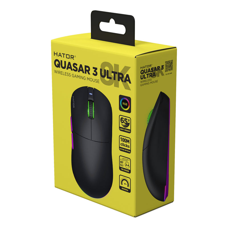 Load image into Gallery viewer, Hator quasar 3 ultra 8k wireless gaming muis (zwart, 400 - 30.000 dpi, rgb, 2.4ghz bluetooth 5.1 usb)
