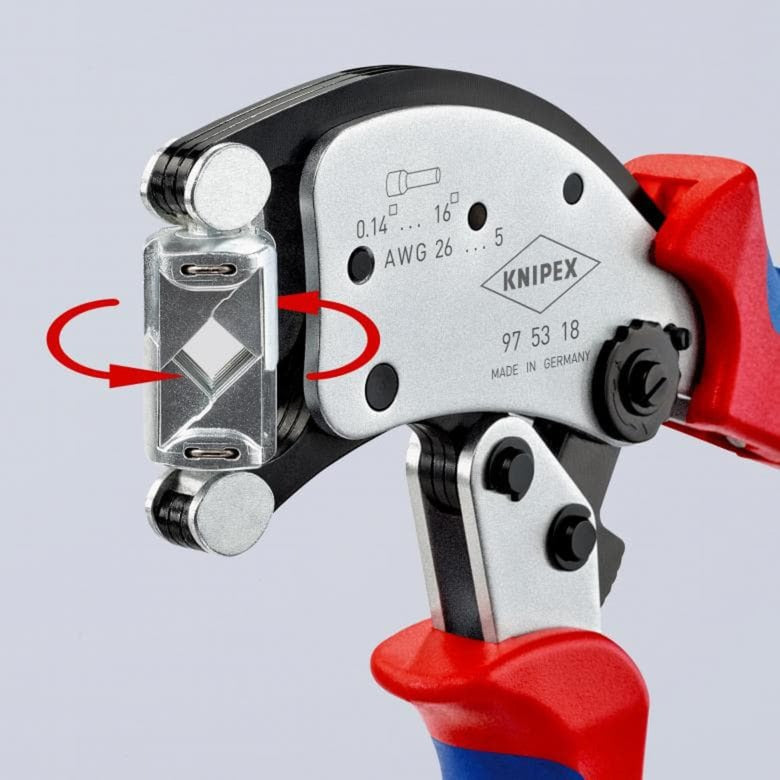 Load image into Gallery viewer, Knipex twistor 16 zelfinstellende krimptang voor adereindhulzen (rood blauw, met draaibare krimpkop)
