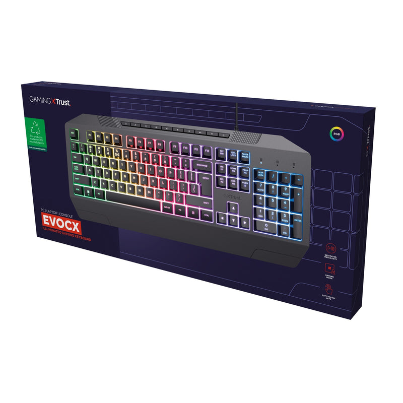 Load image into Gallery viewer, Trust gxt 836 evocx rgb gaming toetsenbord (zwart, us lay-out (qwerty), membraan, 100%, rgb)
