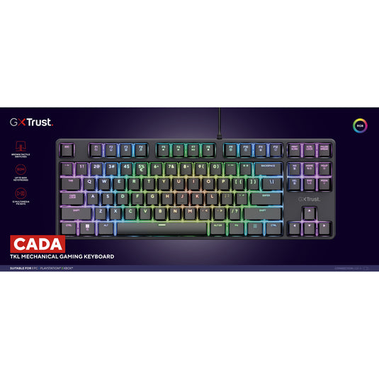 Trust gxt 864 cada compact mechanisch tkl-gamingtoetsenbord, gaming toetsenbord (zwart, us lay-out, huano brown, rgb)