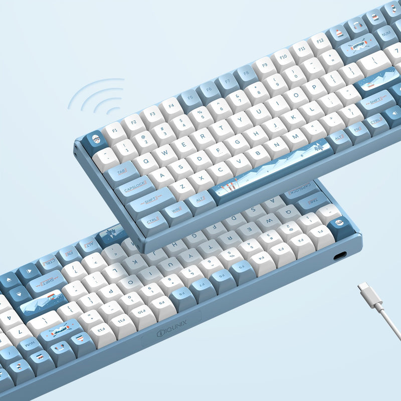 Load image into Gallery viewer, Iqunix f97 wintertide wireless mechanical keyboard, gaming toetsenbord (lichtblauw, us lay-out, cherry mx silent red, rgb leds, 96%, hot-swappable, pbt, 2.4ghz | bluetooth 5.1 | usb-c)
