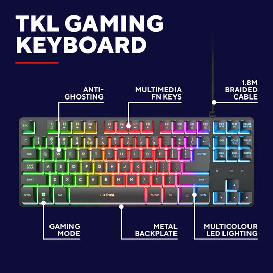 Trust gxt 833 thado toetsenbord met tkl-verlichting, gaming toetsenbord (zwart, us lay-out, 80% (tkl), rgb)
