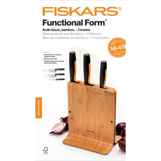 Fiskars functional form bamboe messenblok met 3 messen (meerkleurig, japans roestvrij staal | handvat met softgrip)