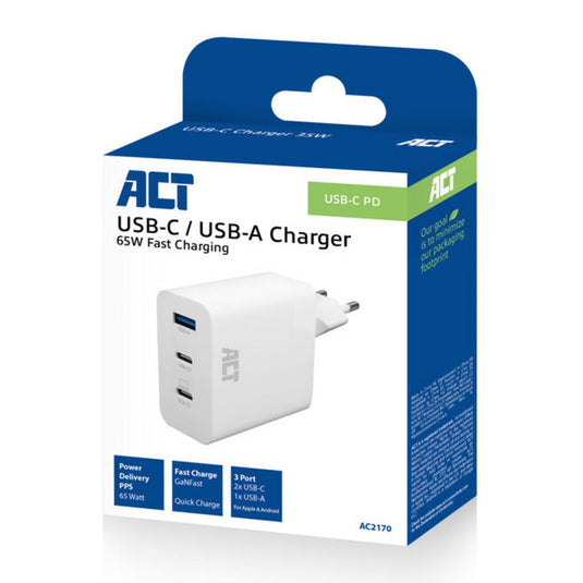 Act connectivity usb-c usb-a lader 65w 3-poorts met power delivery pps, quickcharge en ganfast (wit)