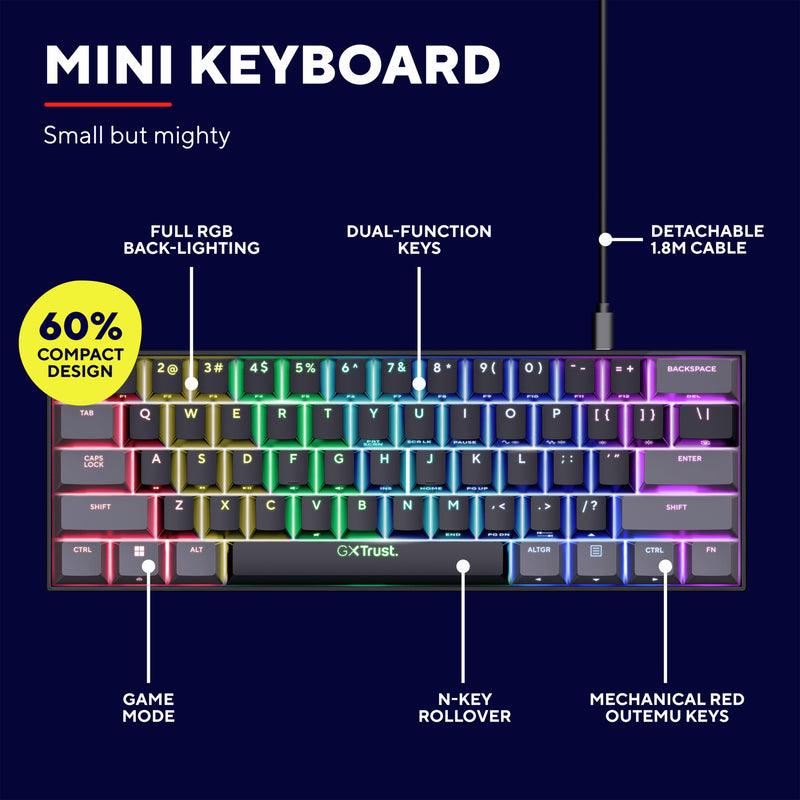 Load image into Gallery viewer, Trust gxt 867 acira 60% mini mechanisch gaming toetsenbord (zwart, us lay-out (qwerty), outemu red, 60%, rgb)

