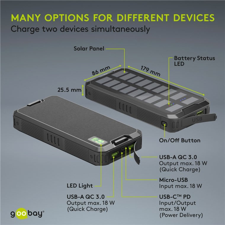 Load image into Gallery viewer, Goobay outdoor solar power bank 20,000 mah with power delivery powerbank (zwart)
