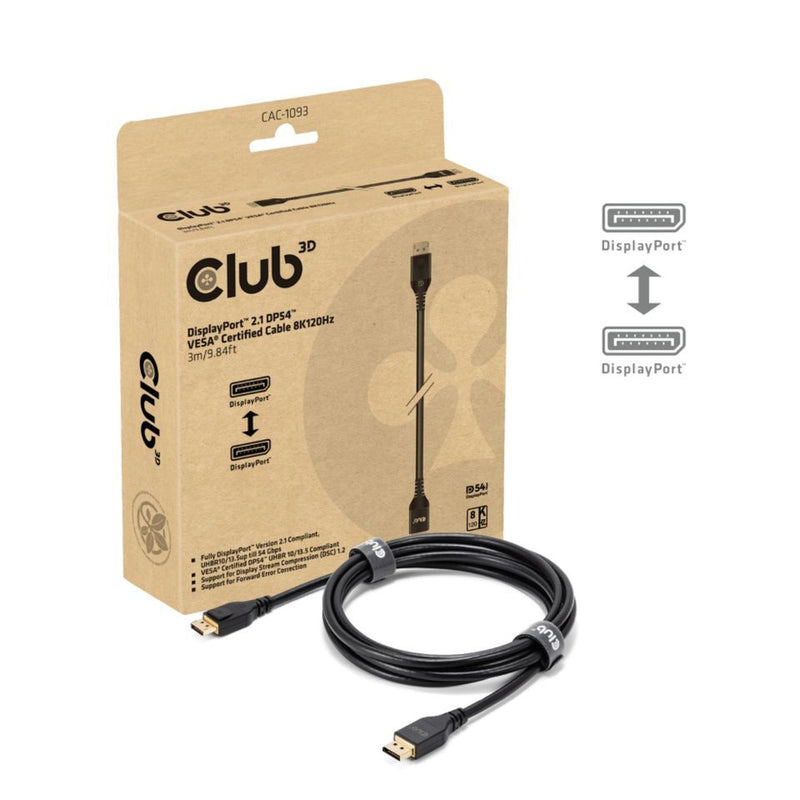 Afbeelding laden in galerijviewer, Club 3d displayport 2.1 vesa dp54 gecertificeerde kabel male-male (zwart, 3 meter, 4k 240hz, 8k 120hz, 54gbps)
