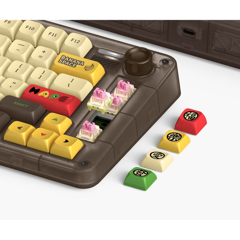 Load image into Gallery viewer, Iqunix zx75 happy ape wireless mechanical keyboard, gaming toetsenbord (bruin geel, us lay-out, ttc holy panda, rgb leds, 75%, hot-swappable, double-shot pbt, 2.4ghz | bluetooth 5.1 | usb-c)
