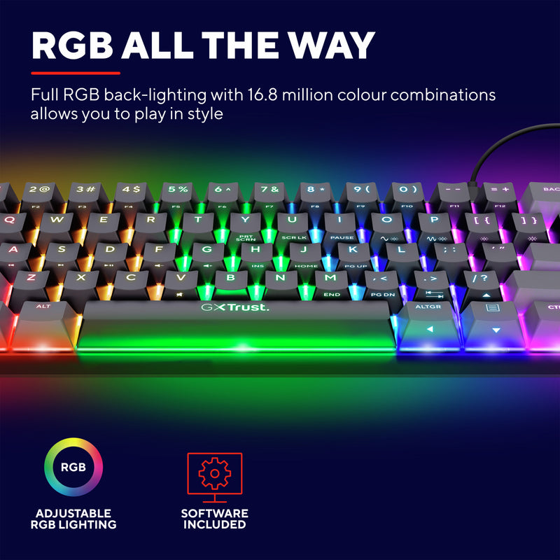 Load image into Gallery viewer, Trust gxt 867 acira 60% mini mechanisch gaming toetsenbord (zwart, us lay-out (qwerty), outemu red, 60%, rgb)
