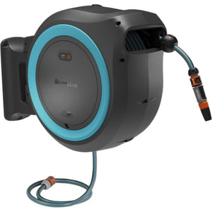 Gardena 40 m wand-slangenbox powerroll xxl slanghaspel (grijs turquoise, 40 meter, accu en oplader niet inbegrepen, power for all alliance, )