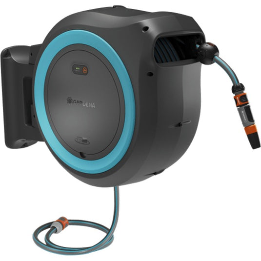 Gardena 40 m wand-slangenbox powerroll xxl slanghaspel (grijs turquoise, 40 meter, accu en oplader niet inbegrepen, power for all alliance, )