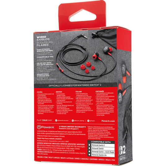 Powera bedrade oordopjes voor nintendo switch 2 in-ear (zwart rood, nintendo switch 2, nintendo switch, nintendo switch - oled model, nintendo switch lite)