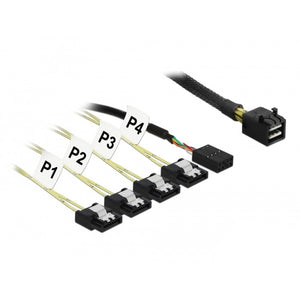 Delock mini sas hd sff-8643 naar 4x 7-pin sata (male) reverse + sideband kabel (zwart, 0,5 meter)