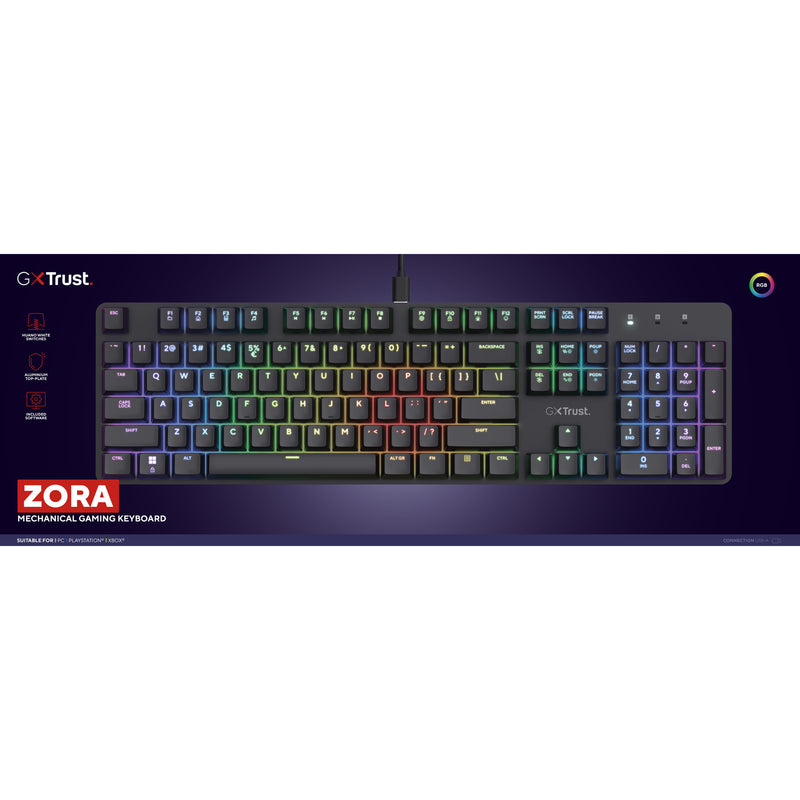 Load image into Gallery viewer, Trust gxt 871 zora mechanisch gaming toetsenbord (zwart, us lay-out (qwerty), huano red, 100%, rgb)
