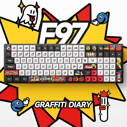 Iqunix f97 graffiti diary wireless mechanical keyboard (zwart, us lay-out (qwerty), cherry mx silent red, 96%, rgb leds, 96%, hot-swappable, pbt, 2.4ghz | bluetooth 5.1 | usb-c)