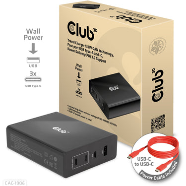 Club 3d travel charger 132w gan technology, four port usb type-a and -c (zwart, power delivery(pd) 3.0)