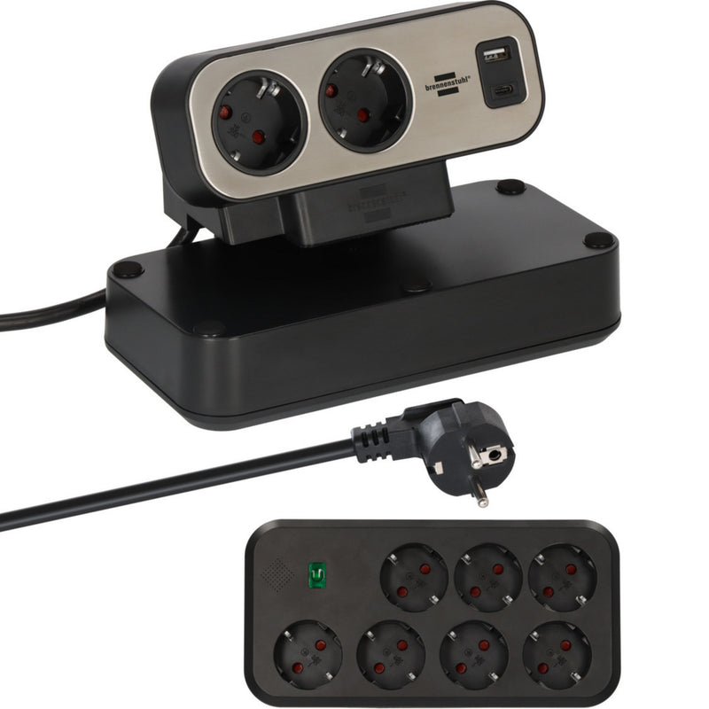 Load image into Gallery viewer, Brennenstuhl estilo duplex stekkerdoos met schakelaar en overspanningsbeveiliging stekkerdoos (zwart zilver, 1x usb c, 1x usb a)
