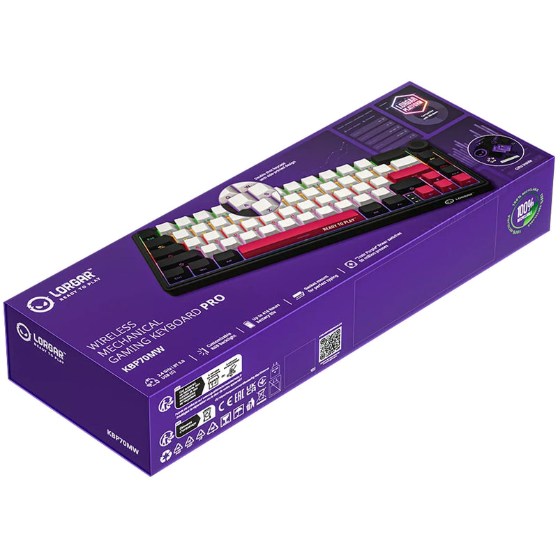 Load image into Gallery viewer, Lorgar kbp70mw rgb mechanisch gaming toetsenbord (zwart, us lay-out (qwerty), logar toxic purple, 65%, rgb, hot-swappable, pbt double-shot, bluetooth | 2.4ghz | usb)
