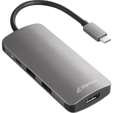 Sharkoon usb 3.0 type c multiport adapter dockingstation (donkergrijs, hdmi, usb-c 3.2 (5 gbit s), 3x usb-a 3.2 (5 gbit s), microsd, sd)