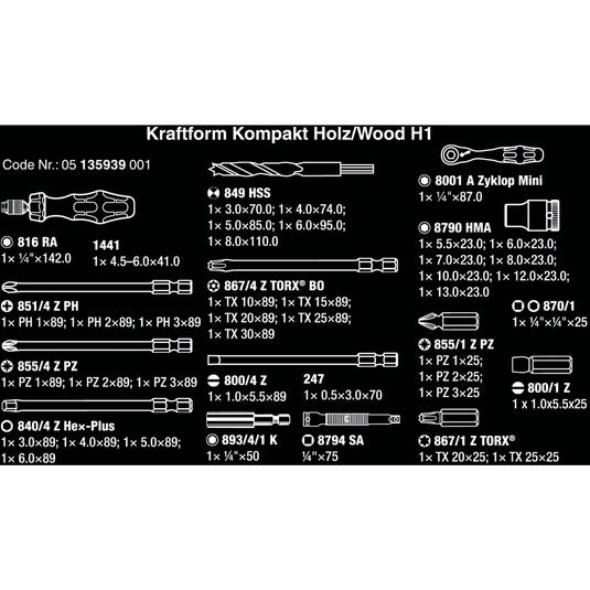 Wera kraftform kompakt h 1 hout, 41‑delig gereedschapsset (zwart groen)