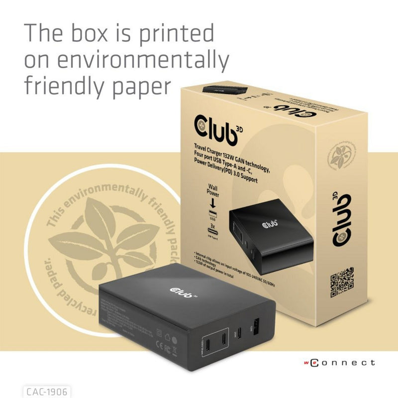 Load image into Gallery viewer, Club 3d travel charger 132w gan technology, four port usb type-a and -c (zwart, power delivery(pd) 3.0)
