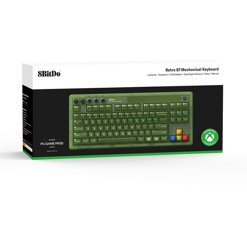 Afbeelding laden in galerijviewer, 8bitdo retro 87 mechanical keyboard - xbox edition (groen, us lay-out (qwerty), kailh box jellyfish x, 80% (tkl), abs keycaps, bluetooth 5.0, wireless 2.4g, usb)
