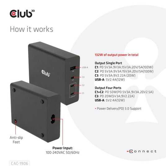 Club 3d travel charger 132w gan technology, four port usb type-a and -c (zwart, power delivery(pd) 3.0)