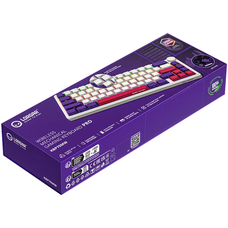 Load image into Gallery viewer, Lorgar kbp70mw rgb mechanisch gaming toetsenbord (wit, us lay-out (qwerty), logar toxic purple, 65%, rgb, hot-swappable, pbt double-shot, bluetooth | 2.4ghz | usb)
