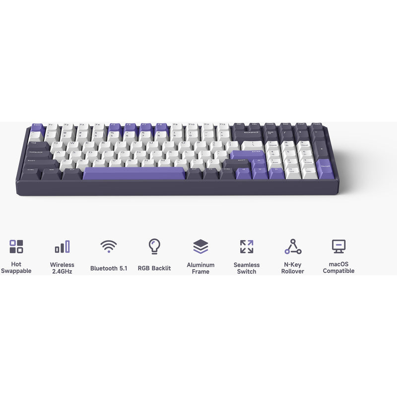 Load image into Gallery viewer, Iqunix f97 lavandin wireless mechanical keyboard, gaming toetsenbord (lavendel, us lay-out, cherry mx silent red, rgb leds, 96%, hot-swappable, pbt, 2.4ghz | bluetooth 5.1 | usb-c)
