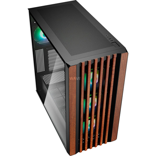 Sharkoon rebel c70g rgb midi tower behuizing (zwart houtkleur | 2x usb-a | 1x usb-c | rgb | tempered glass)
