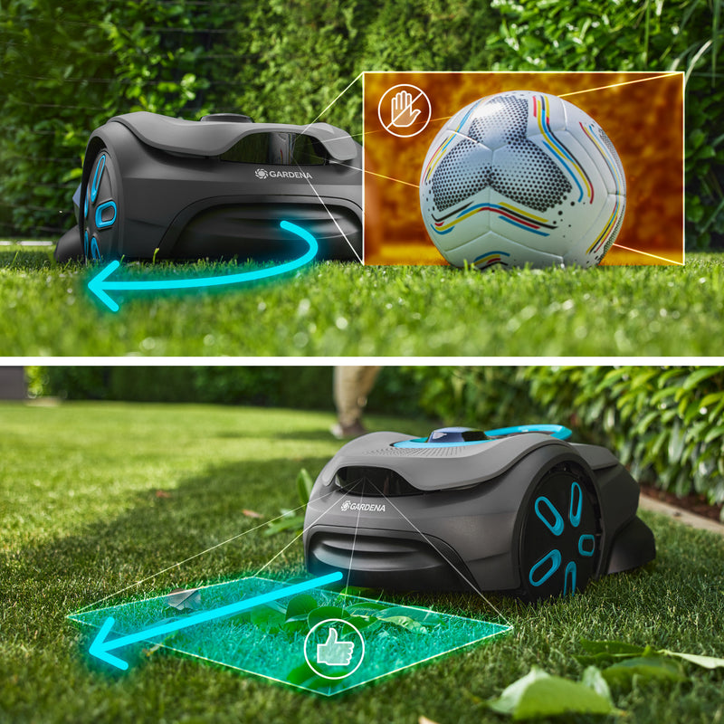 Load image into Gallery viewer, Gardena smart sileno sense 400 m² robotmaaier (grijs turquoise, 19941-26, li-ion accu + basisstation inbegrepen, grensdraadvrije technologie)
