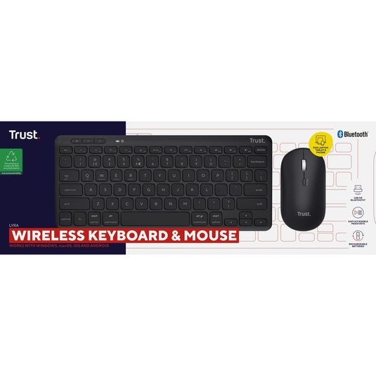 Trust lyra multi-device wireless keyboard mouse, desktopset (zwart, us lay-out, scissor switches, 800 - 1.600 dpi, 2,4 ghz usb, bluetooth, 65%)