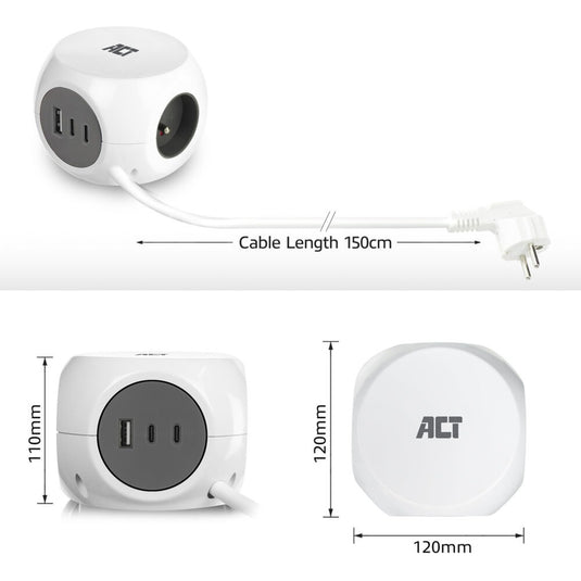 Act connectivity stekkerdoos kubus met 3 stopcontacten, 30w power delivery usb-c a poorten, kabellengte 1,5m stekkerdoos (wit, type e)